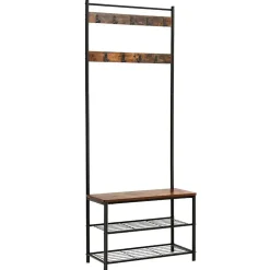 Merkloos Kapstok met 9 Haken en Schoenenrek - 70x32x175cm - Zwart en Vintage bruin