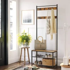 Merkloos Kapstok met 9 Haken en Schoenenrek - 70x32x175cm - Zwart en Vintage bruin