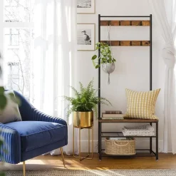 Merkloos Kapstok met 9 Haken en Schoenenrek - 70x32x175cm - Zwart en Vintage bruin