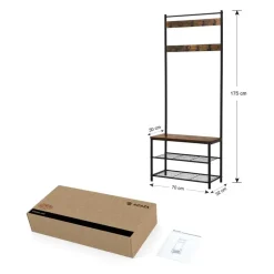 Merkloos Kapstok met 9 Haken en Schoenenrek - 70x32x175cm - Zwart en Vintage bruin