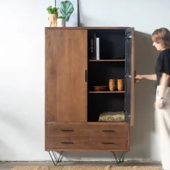 Giga Meubel Kast Donkerbruin Mangohout - 110x40x180 - Metaal - Ubud Discount
