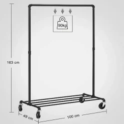 Dok Home Kledingrek op wieltjes - Metaal - Incl. plank - tot 90 kg - Zwart Hot