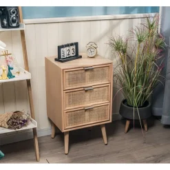 Nordlys Ladenkastje met 3 lades van hout en natuurlijk rotan New