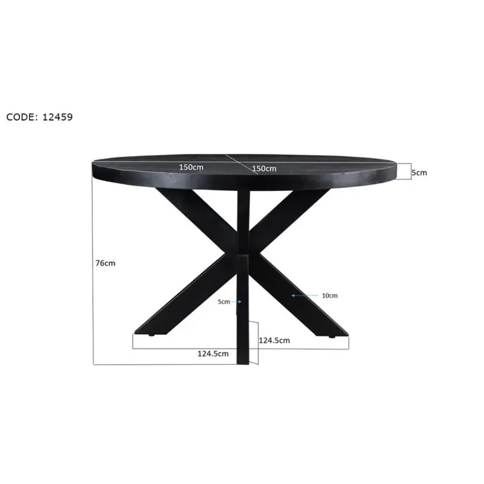 Livingfurn - Eetkamertafel Kala Round Black - Mangohout - 150 cm - Zwart Clearance