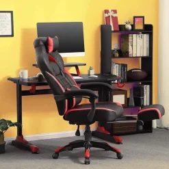 Bobbel Home Luxe Gamestoel - Met Hoofdkussen - Kunstleer - Zwart & Rood Discount