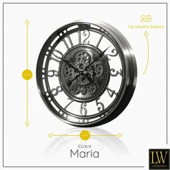 LW Collection Wandklok radar Maria zilver 54cm bewegende tandwielen New