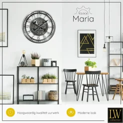 LW Collection Wandklok radar Maria zilver 54cm bewegende tandwielen New