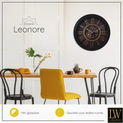 LW Collection Wandklok radar Leonore Zwart 52cm bewegende tandwielen Clearance