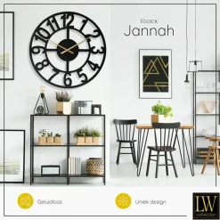 LW Collection Wandklok XL Jannah zwart met gouden wijzers 80cm New