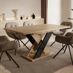 Meubella - Eetkamertafel Xandra - Eiken - Zwart - 160 cm - Uitschuifbaar Discount