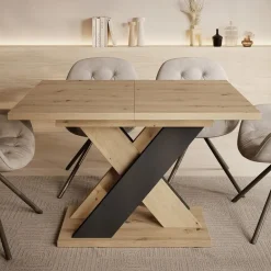 Meubella - Eetkamertafel Xandra - Eiken - Zwart - 160 cm - Uitschuifbaar Discount