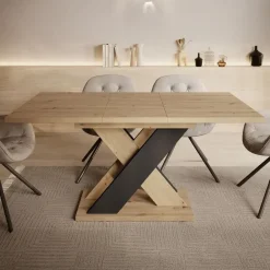 Meubella - Eetkamertafel Xandra - Eiken - Zwart - 160 cm - Uitschuifbaar Discount