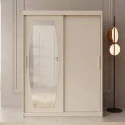 Meubella - Kledingkast Azai - Beige - 150 cm - Met spiegel Discount