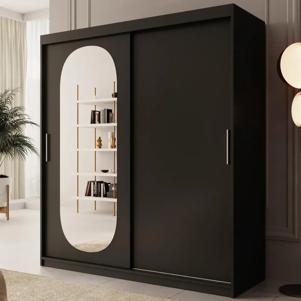 Meubella - Kledingkast Bodhi - Zwart - 180 cm - Met spiegel