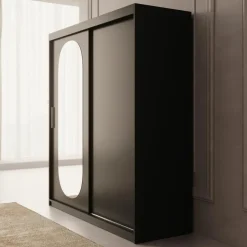 Meubella - Kledingkast Bodhi - Zwart - 180 cm - Met spiegel