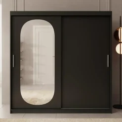 Meubella - Kledingkast Bodhi - Zwart - 200 cm - Met spiegel Clearance