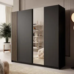 Meubella - Kledingkast Boets - Zwart - Eiken - 200 cm - Met spiegel Outlet