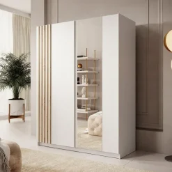 Meubella - Kledingkast Boets - Wit - Eiken - 150 cm - Met spiegel New