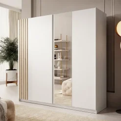 Meubella - Kledingkast Boets - Wit - Eiken - 200 cm - Met spiegel Clearance