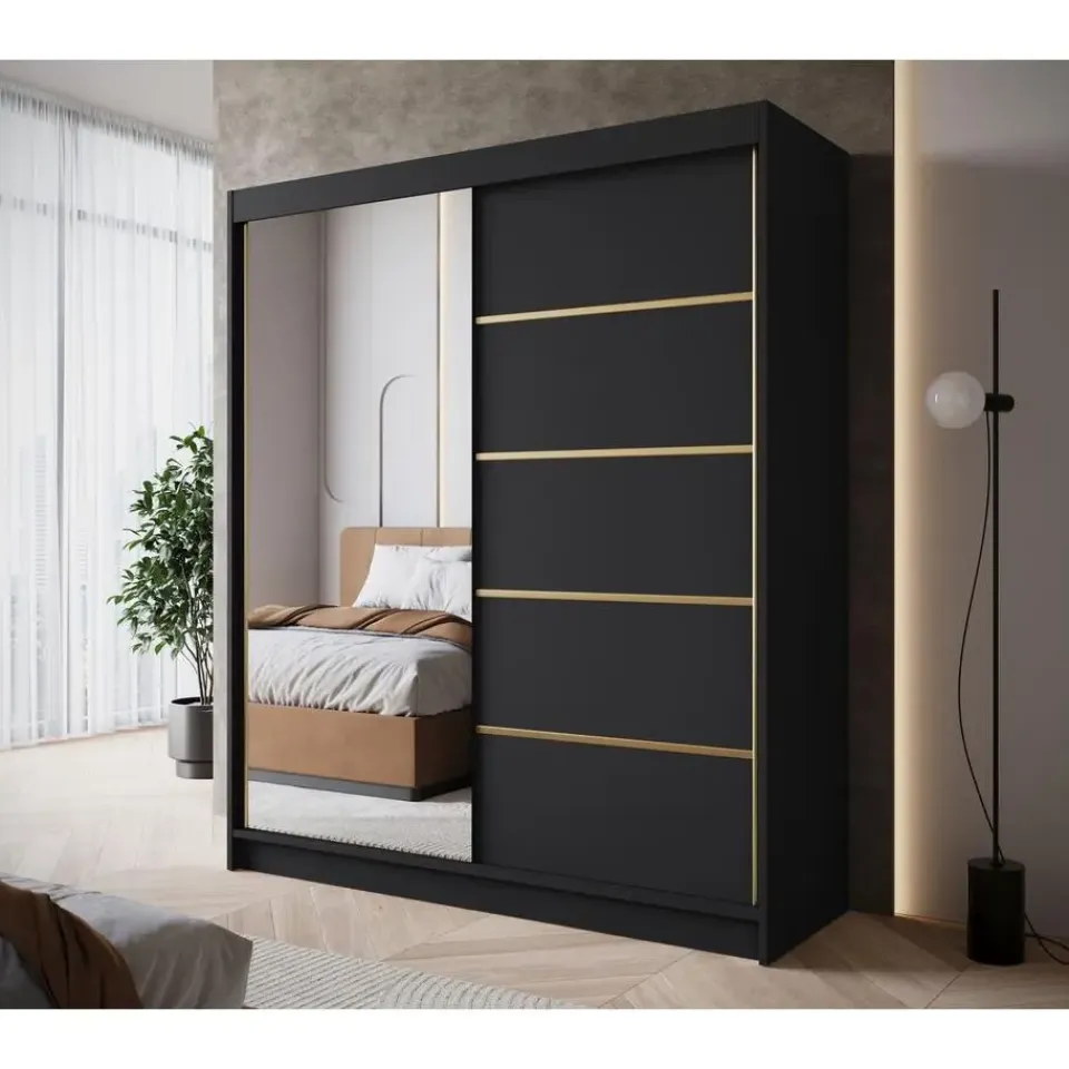 Meubella - Kledingkast Eagle - Zwart - 180 cm - Met spiegel Clearance