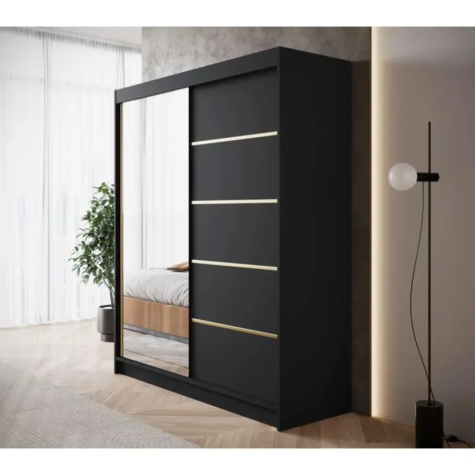 Meubella - Kledingkast Eagle - Zwart - 180 cm - Met spiegel Clearance