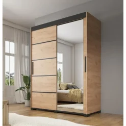 Meubella - Kledingkast Fabio - Eiken - 150 cm - Met spiegel Clearance