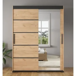 Meubella - Kledingkast Fabio - Eiken - 150 cm - Met spiegel Clearance