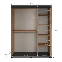 Meubella - Kledingkast Fabio - Eiken - 150 cm - Met spiegel Clearance