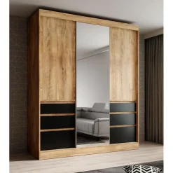 Meubella - Kledingkast Henry - Eiken - Zwart - 180 cm - Met spiegel Clearance