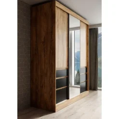 Meubella - Kledingkast Henry - Eiken - Zwart - 180 cm - Met spiegel Clearance