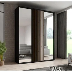 Meubella - Kledingkast Leandro - Zwart - 180 cm - Met spiegel Clearance