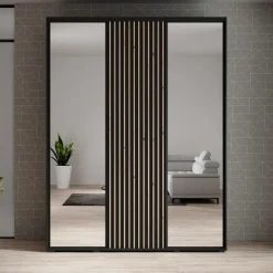 Meubella - Kledingkast Leandro - Zwart - 180 cm - Met spiegel Clearance