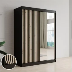 Meubella - Kledingkast Lisbon 2 - Zwart - 150 cm - Met spiegel Best