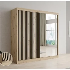 Meubella - Kledingkast Lisbon 2 - Eiken - 200 cm - Met spiegel New