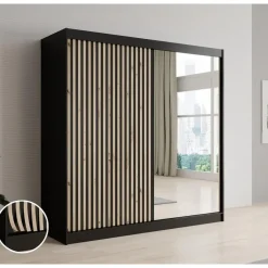 Meubella - Kledingkast Lisbon 2 - Zwart - 200 cm - Met spiegel Discount