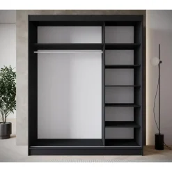 Meubella - Kledingkast Macerata - Zwart - 180 cm - Met spiegel Discount
