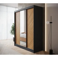 Meubella - Kledingkast Macerata - Zwart - 180 cm - Met spiegel Discount