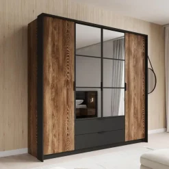 Meubella - Kledingkast Mulvey - Eiken - Antraciet - 220 cm - Met spiegel Sale