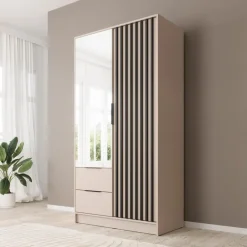 Meubella - Kledingkast Nairobi - Beige - Zwart - 105 cm - met spiegel Outlet