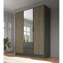 Meubella - Kledingkast Nairobi - Antraciet - Eiken - 155 cm - Met spiegel Sale