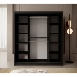 Meubella - Kledingkast Pete - Zwart - 180 cm - Met spiegel Outlet