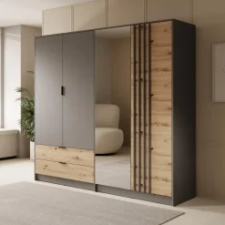 Meubella - Kledingkast Roma - Grijs - Eiken - 221 cm - Met spiegel Sale