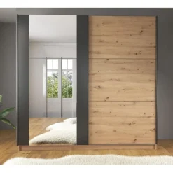 Meubella - Kledingkast Saturn - Eiken - Zwart - 217 cm - Met spiegel