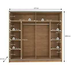 Meubella - Kledingkast Saturn - Eiken - Zwart - 217 cm - Met spiegel