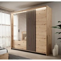 Meubella - Kledingkast Tasha - Eiken - Antraciet - 220 cm - Met spiegel Sale