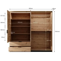 Meubella - Kledingkast Tasha - Eiken - Antraciet - 220 cm - Met spiegel Sale