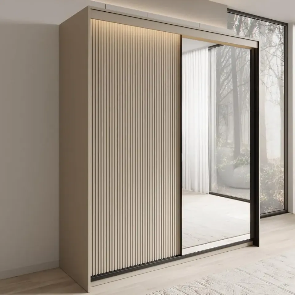 Meubella - Kledingkast Timoteo - Beige - 200 cm - Met spiegel Discount