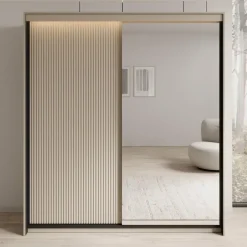 Meubella - Kledingkast Timoteo - Beige - 200 cm - Met spiegel Discount