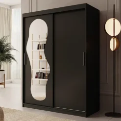 Meubella - Kledingkast Ulysses - Zwart - 150 cm - Met spiegel Discount