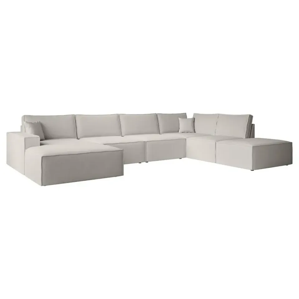 Meubella - Manolo - Hoekbank 5-zits met chaise longue - Stof beige - Links Clearance